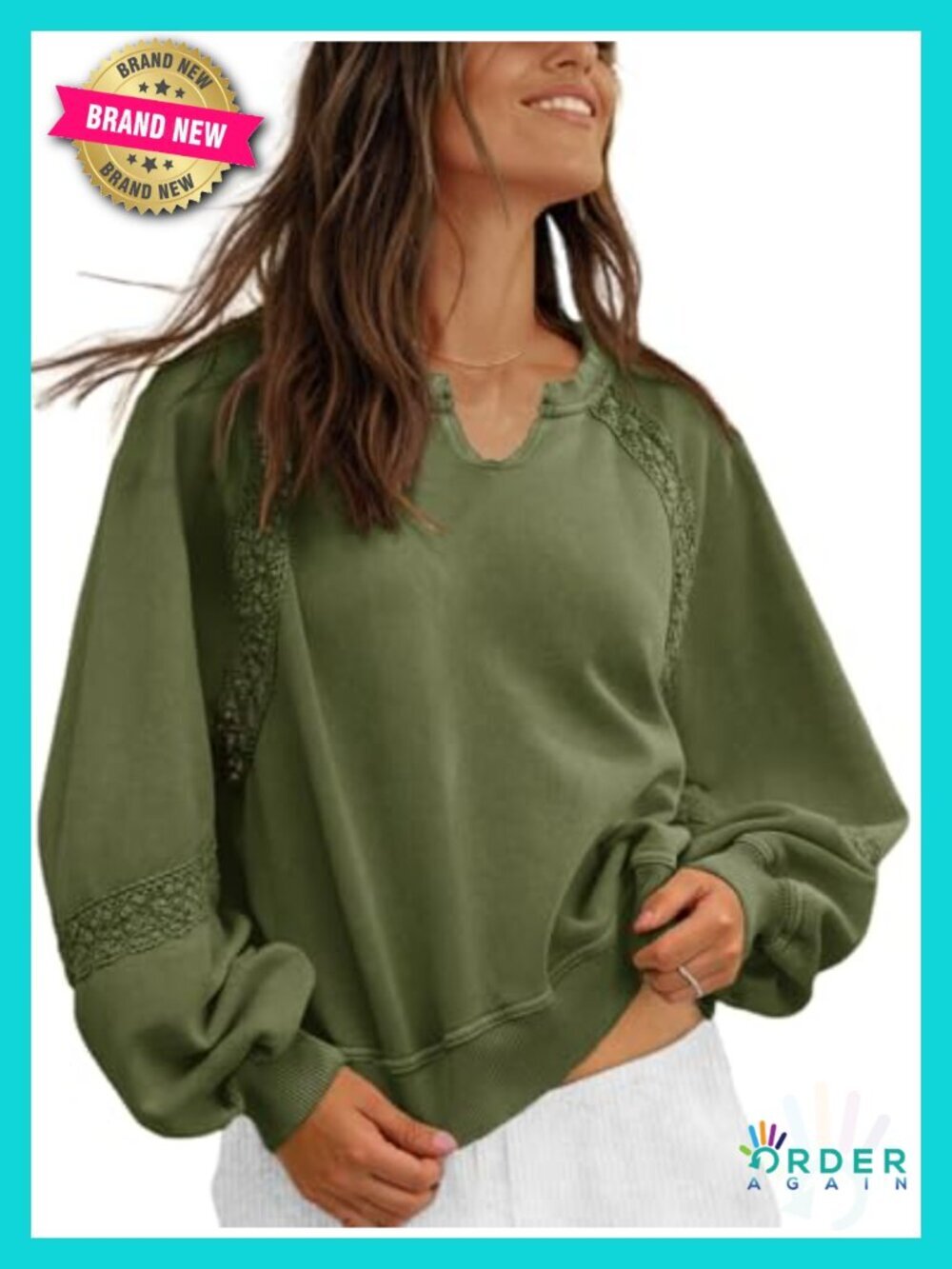 Lantern Sleeve Lace V-Neck Loose Fit Pullover Sweatshirt